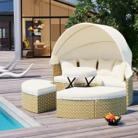 Round Rattan Patio Daybed with Retractable Canopy and Table, Versatile Sunbed with Separate Garden Seating, 66.5" L x 65" W x 53.5" H, Beige(m-1)