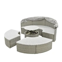 Round Rattan Patio Daybed with Retractable Canopy and Table, Versatile Sunbed with Separate Garden Seating, 66.5" L x 65" W x 53.5" H, Gray(m-14)