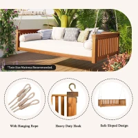 Minimalist Twin Swing Bed with Ropes for Patio & Backyard, Wood Porch Swing with Safe Sloped Design, 79" L x 41.5" W x 21" H, Teak(m-5)