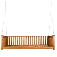 Minimalist Twin Swing Bed with Ropes for Patio & Backyard, Wood Porch Swing with Safe Sloped Design, 79" L x 41.5" W x 21" H, Teak(m-15)