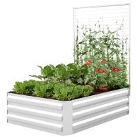 Outsunny Galvanized Raised Garden Bed with Trellis for Climbing Plants, Outdoor Planter Box with Open Bottom, Silver(m-2)