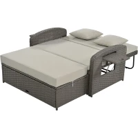 Stylish Double Chaise Lounge with Adjustable Back, 2-Person Rattan Daybed with Thick Cushion, 53.5" L x 43" W x 21.5" H, Gray(m-13)