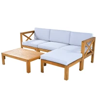 Casual Outdoor Sectional Sofa with Wood Frame & Cushions, Patio Seating Group for Backyard, 25.5" L x 25.5" W x 25.5" H, Natural+Gray(m-14)