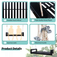 Twin Size Porch Swing Bed for Patio, Garden & Backyard, Acacia Wood Hanging Daybed with Hemp Rope, 86'' L x 41.5'' W x 17.5'' H, Black(m-6)