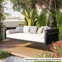 Twin Size Acacia Wood Porch Swing with Ropes for Patio & Garden, Hanging Swing Bed with Sloped Design, 79'' L x 41.5'' W x 21'' H, Black(m-4)