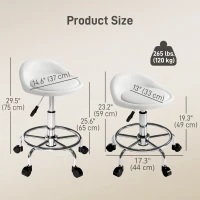 HOMCOM PU Leather Rolling Stool, Height Adjustable Swivel Salon Chair with Backrest and Foot Rest for Spa, Tattoo, White(m-3)
