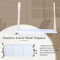 Patio Wooden Swing Chair with 10.8FT Hemp Rop, Hanging Acacia Wood Porch Swing with Cushion & Pillow, 63'' L x 23.5 W x 2'' H, White(m-7)