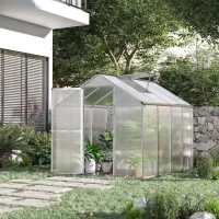 Outsunny 6' x 8' x 6.4' Polycarbonate Greenhouse, Aluminum Walk-In Green House Kit Garden, Plants Grow with Rain Gutter and Roof Vent, Silver(m-1)