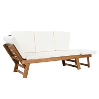 Expandable Acacia Wood Daybed with Cushions, Adjustable Patio Chaise Lounge for Compact Space, 78.5" L x 21.5" W x 32" H, Natural+Beige(m-13)