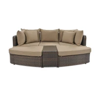 Round Patio Sofa Set with All-Weather Wicker & Thick Cushions, PE Rattan Conversation Group for Garden, 87" L x 61" W x 33.5" H, Brown(m-2)