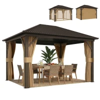 Outsunny 10' x 12' Outdoor Hardtop Gazebo Metal Roof Patio Gazebo with Aluminum Frame, Mesh Nettings, Brown(m-11)