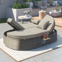 All-Weather Rattan Daybed with Adjustable Backrest, Stylish Chaise Lounge with Thick Cushion for Poolside, 78.5" L x 55.5" W x 16.5" H, Gray(m-8)