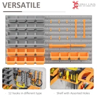 DURHAND 44 PCS Wall Mounted Pegboard Tool Organizer Rack Kit with Various Sized Storage Bins, Pegboard and Hooks, Orange(m-6)