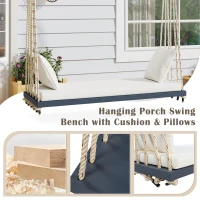 Acacia Wood Porch Swing with Cushion & 2 Pillow for Garden, Hanging Patio Bench with Durable Hemp Rope, 63" L x 23.5" W x 2" H, Gray(m-4)