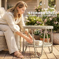 Outsunny Rattan Outdoor Coffee Table, 2-Tier Small Garden Side Table with Storage Shelf, Tempered Glass Top, Adjustable Footpads(m-4)