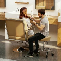 HOMCOM PU Leather Rolling Stool, Height Adjustable Swivel Salon Chair with Backrest and Foot Rest for Spa, Tattoo, Light Brown(m-10)