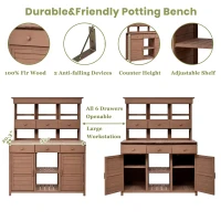Tall Garden Potting Bench with Hutch & 6 Drawer, Wood Storage Workstation with 3 Shelf & 2 Cabinet, 50'' L x 20.5'' W x 65.5'' H, Brown(m-6)