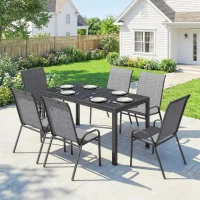 Outsunny Outdoor Dining Set for 6, Faux Wood Metal Patio Table and Mesh Stackable Chairs with Umbrella Hole, Mixed Grey(m-1)