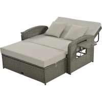 Stylish Double Chaise Lounge with Adjustable Back, 2-Person Rattan Daybed with Thick Cushion, 53.5" L x 43" W x 21.5" H, Gray(m-11)