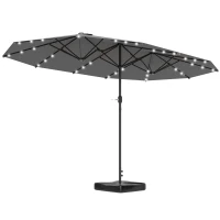 Outsunny Garden Parasol 14.4ft Double-Sided Sun Umbrella with Base, Patio Parasol with LED Solar Lights, Gray(m-11)