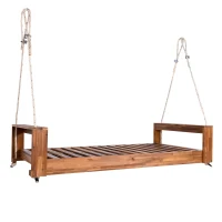 Acacia Wood Porch Swing Bed with Hemp Ropes for Patio, Twin Size Hanging Daybed with 400LBS Capacity, 86" L x 41.5" W x 17.5" H, Natural(m-12)