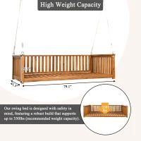 Minimalist Twin Swing Bed with Ropes for Patio & Backyard, Wood Porch Swing with Safe Sloped Design, 79" L x 41.5" W x 21" H, Teak(m-7)