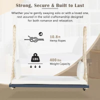 Acacia Wood Porch Swing with Cushion & 2 Pillow for Garden, Hanging Patio Bench with Durable Hemp Rope, 63" L x 23.5" W x 2" H, Gray(m-6)