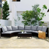 5 Piece Half-Moon Patio Sectional with Glass Table, All-Weather Wicker Sofa with Thick Cushions, 47.5" L x 27" W x 27" H, Grey(m-4)