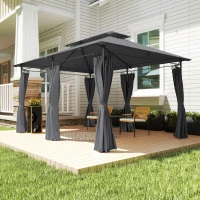 Outsunny 10' x 13' Double Roof Patio Gazebo, Outdoor Gazebo with Curtains, for Garden, Lawn, Backyard and Deck, Grey(m-9)