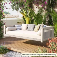 Minimalist Swing Bed with Safe Sloped Design for Backyard, Wooden Porch Swing with High Weight Capacity, 79" L x 41.5" W x 21" H, White(m-8)