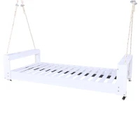 Twin Porch Swing Bed with Acacia Wood Frame & Hemp Ropes, Outdoor Hanging Daybed for Patio & Garden, 86'' L x 41.5'' W x 17.5'' H, White(m-12)