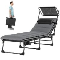 Outsunny Lounge Chair Outdoor, Folding Chaise Lounge with 5-Level Adjustable Back, Cushion, Side Pocket and Headrest(m-2)
