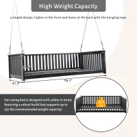 Twin Size Acacia Wood Porch Swing with Ropes for Patio & Garden, Hanging Swing Bed with Sloped Design, 79'' L x 41.5'' W x 21'' H, Black(m-7)