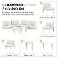 6-Piece Half Moon Patio Set with 2 Nesting Table for Backyard, Modular Wicker Sectional Sofa with Cushion, 34.5'' L x 25.5'' W x 12.5'' H, Beige(m-7)