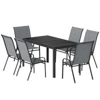 Outsunny Outdoor Dining Set for 6, Faux Wood Metal Patio Table and Mesh Stackable Chairs with Umbrella Hole, Mixed Grey(m-2)