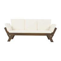 Expandable Acacia Wood Daybed with Cushions, Adjustable Patio Chaise Lounge for Compact Space, 78.5" L x 21.5" W x 32" H, Beige(m-2)