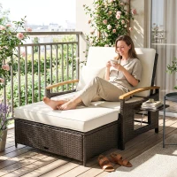 Outsunny Rattan Outdoor Daybed w/4-Level Adjustable Backrest, Patio Sofa Bed w/Storage Ottoman, Acacia Wood Armrest, Beige(m-10)