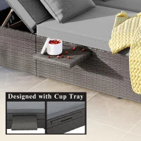 Outdoor Patio Sunbed with Adjustable Backrest & Side Tray, Wicker Rattan Lounger with Thick Cushion, 47" L x 29.5" W x 15" H, Gray(m-5)