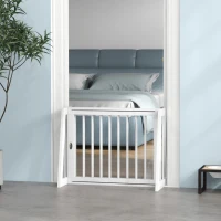 PawHut 28"-75" Freestanding Wooden Pet Gate with Support Feet & Non-Slip Mats for Indoor, Stairway, Doorway, White(m-9)