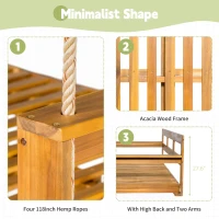 Twin Size Porch Swing Daybed with Acacia Wood Frame, Farmhouse Hanging Daybed for Patio & Garden, 82'' L x 40.5'' W x 27.5'' H, Natural(m-7)