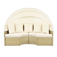 Round Rattan Patio Daybed with Retractable Canopy and Table, Versatile Sunbed with Separate Garden Seating, 66.5" L x 65" W x 53.5" H, Beige(m-14)