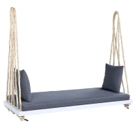 Patio Wooden Swing Chair with 10.8FT Hemp Rop, Hanging Acacia Wood Porch Swing with Cushion & Pillow, 63'' L x 23.5 W x 2'' H, White(m-12)