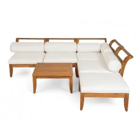 6 Piece Patio Sofa Set with Tea Table & Ottoman for Garden, Modular Sectional with 5 Thick Cushion, 30" L x 27.5" W x 16" H, Teak+Beige(m-13)