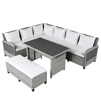 5-Piece Rattan Patio Sofa with Extendable Side Table & Dining Table, All-Weather Wicker Sectional for Garden, 47" L x 27.5" W x 27.5" H, White(m-11)