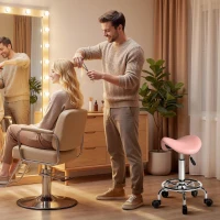 HOMCOM Saddle Stool, PU Leather Adjustable Rolling Salon Chair, Pink(m-10)