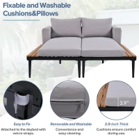 2 In 1 Outdoor Daybed with Wood Side Table for Patio, Convertible Padded Chaise Lounge with Adjustable Leg, 59" L x 55" W x 21" H, Gray(m-4)