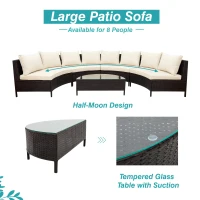 5 Piece Half-Moon Patio Sectional with Glass Table, All-Weather Wicker Sofa with Thick Cushions, 47.5" L x 27" W x 27" H, Beige(m-5)