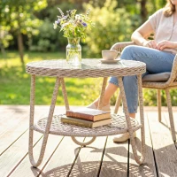 Outsunny Rattan Outdoor Coffee Table, 2-Tier Small Garden Side Table with Storage Shelf, Tempered Glass Top, Adjustable Footpads(m-1)