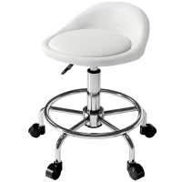 HOMCOM PU Leather Rolling Stool, Height Adjustable Swivel Salon Chair with Backrest and Foot Rest for Spa, Tattoo, White(m-2)