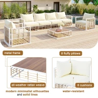 All-Weather 7-Piece Patio Sectional with Cushions & Coffee Table, Metal Furniture with Modular Design for Garden, 25" L x 25" W x 24" H, White(m-5)